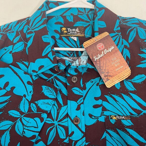Tribal Origin Hawaiian Shirt Button-Up Short Sleeve Blue & Brown Tropical XL - Picture 1 of 12